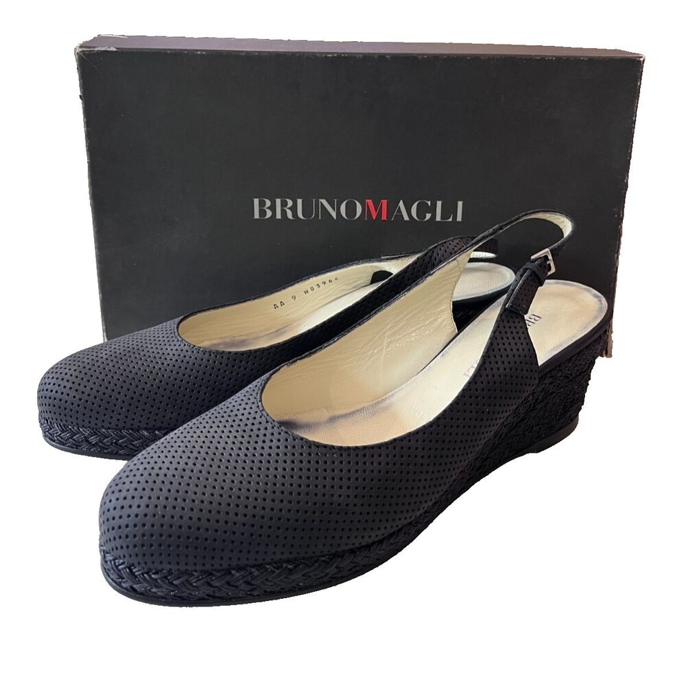 Bruno Magli Size 9AA Narrow Slingback Espadrille Wedge Black Leather Italy & Box